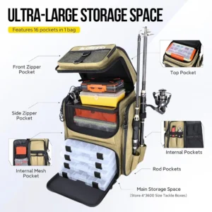 Large 42L WaterResistant Fishing Backpack with Integrated Rod Holders and Tackle Box